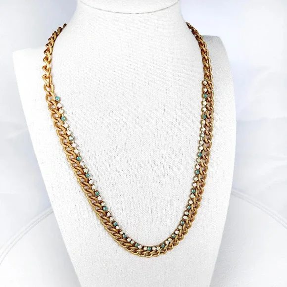 Spartina 449 Gold Tone Chain Necklace Turquoise Uranium Glass Beads Signed 18